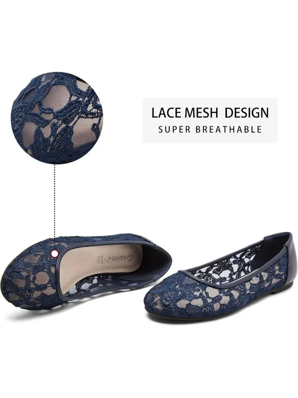 Women's Navy Blue Lace Ballerina Flats Round Toe Slip on Floral Casual Shoes